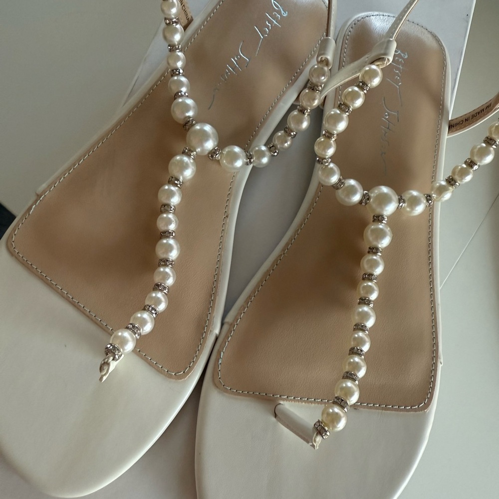 Betsey Johnson White Pearl-Embellished T-Strap Sandals